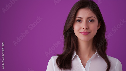 Portrait of Stylish Professional Woman Presenting News on Violet Background