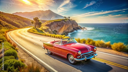 Classic 1950s Convertible Car, Aerial View, Summer Road Trip, Vintage Automobile, Retro Drive