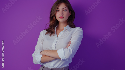 Portrait of Stylish Professional Woman Presenting News on Violet Background