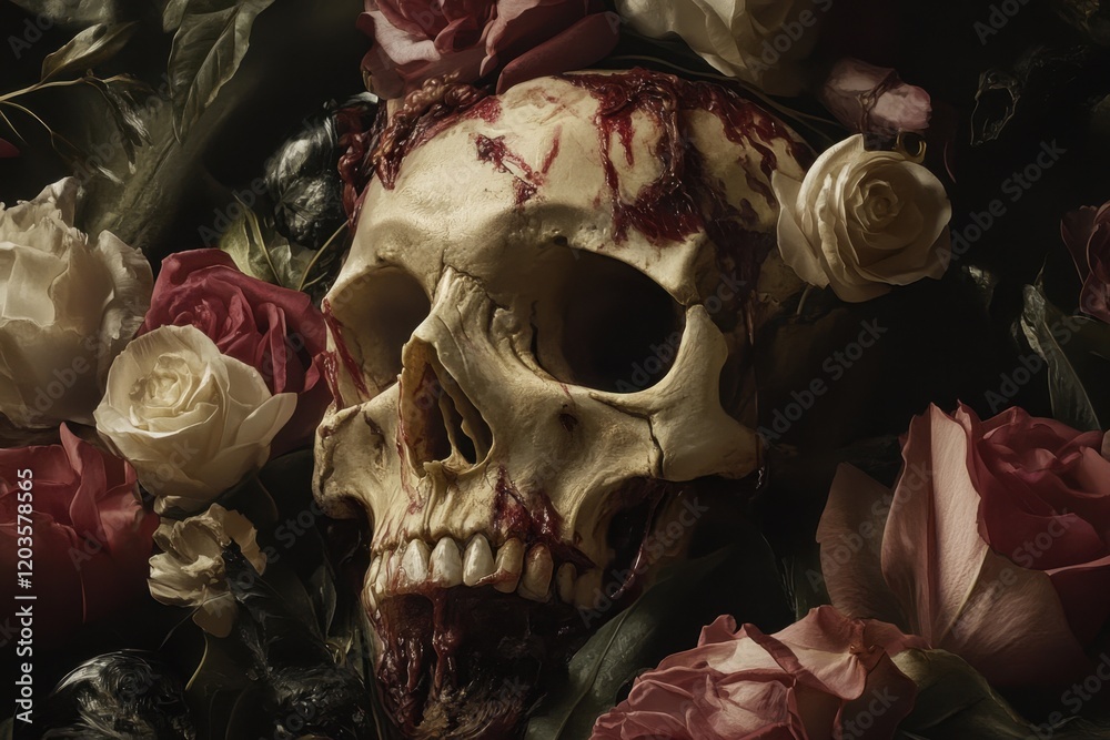 Skull with roses and dark background