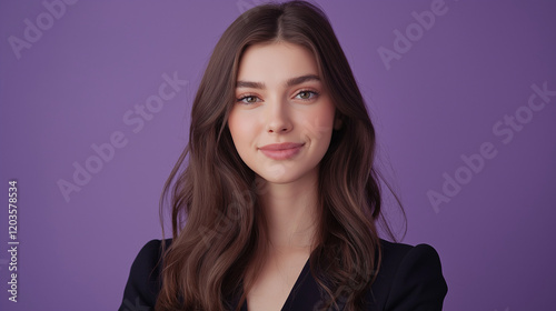 Portrait of Stylish Professional Woman Presenting News on Violet Background