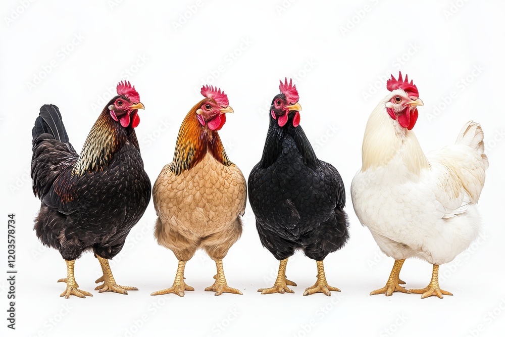 Fototapeta premium Four hens in a row, each a different color.