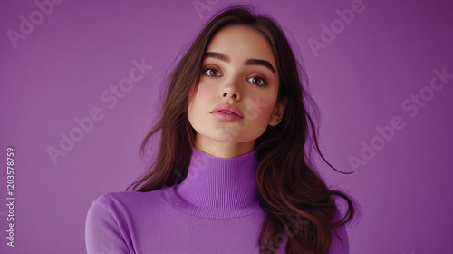 Portrait of Stylish Professional Woman Presenting News on Violet Background