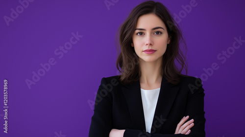 Portrait of Stylish Professional Woman Presenting News on Violet Background
