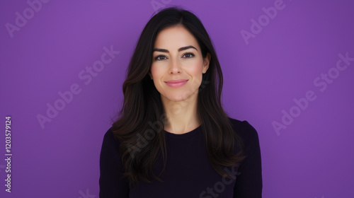 Portrait of Stylish Professional Woman Presenting News on Violet Background