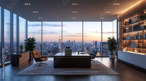 Sophisticated office interior with panoramic city view at sunset showcasing luxury and success with modern design