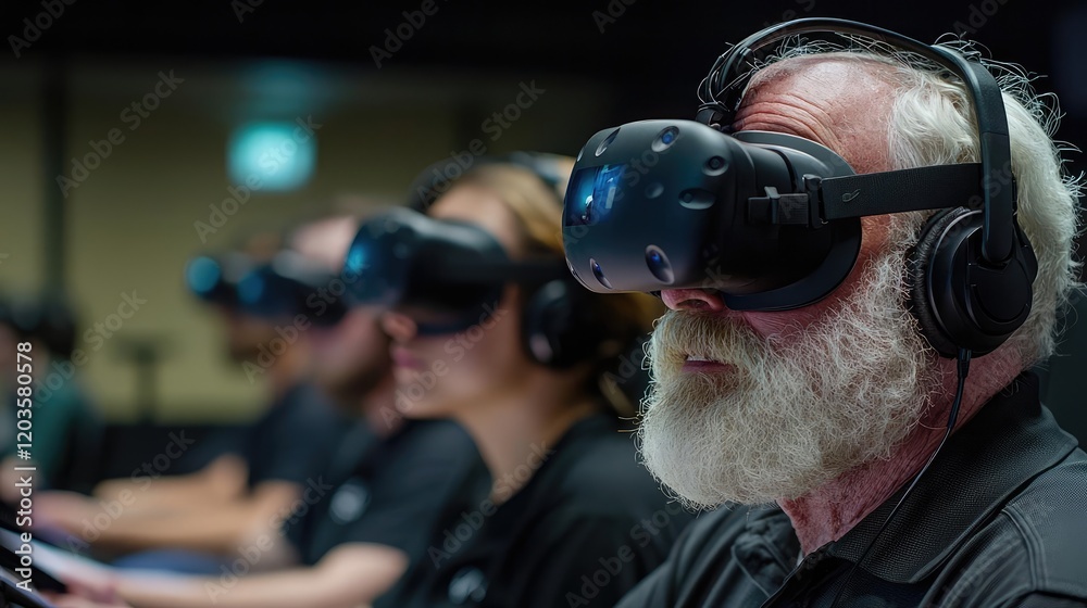 Seniors using VR headsets in a training session Seniors using VR headsets in a training session