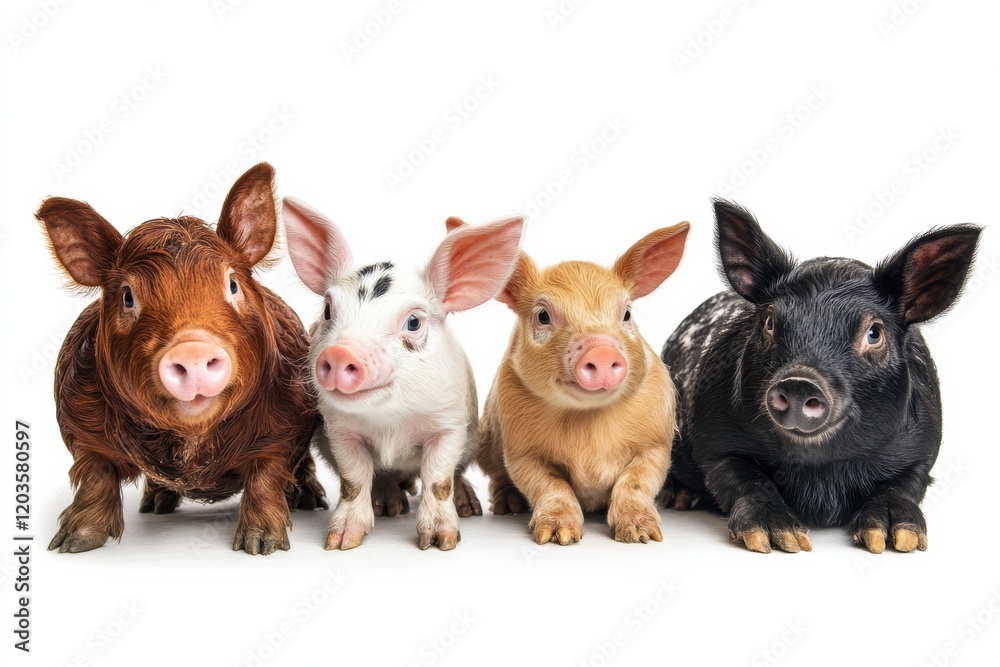 Four adorable piglets of different breeds. Four adorable piglets of different breeds.