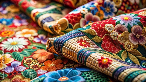 Close-up Documentary Shot of Traditional Japanese Patterned Fabric, Rich Textures and Colors photo