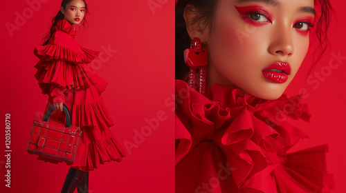  A close-up of cherry-red leather gloves resting on a black coat, paired with a matching beret and a structured handbag
