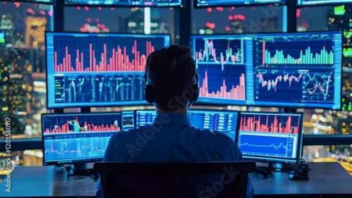 A person sits before a multi-monitor workstation, displaying financial charts and data. The scene suggests a trader analyzing market trends for business decisions