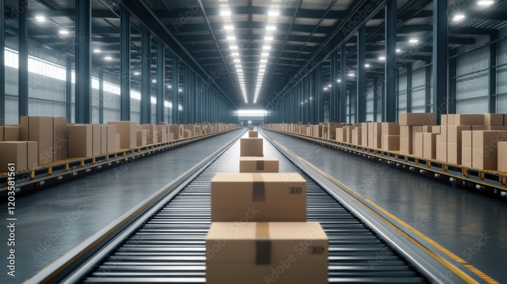 Industrial setting photography aerial view of streamlined package handling in warehouse logistics management Industrial setting photography aerial view of streamlined package handling in warehouse logistics management