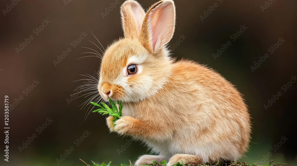 Fototapeta premium Adorable bunny rabbit eating greens outdoors, blurred background, perfect for pet, nature, or Easter themes