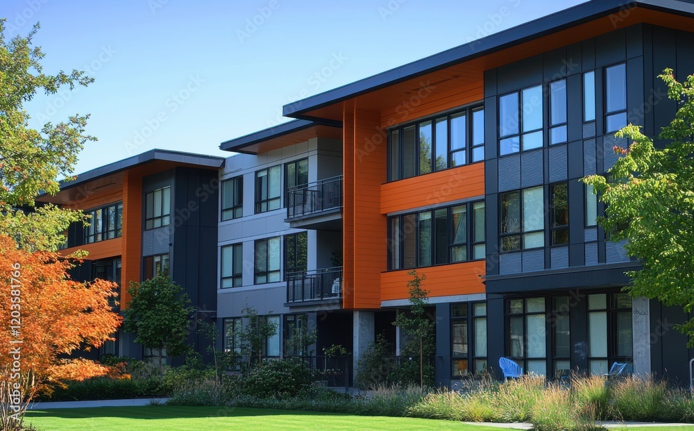 Fototapeta premium Modern Apartment Building with Vibrant Orange Accents Surrounded by Lush Green Landscaping and Clear Blue Skies in Urban Setting