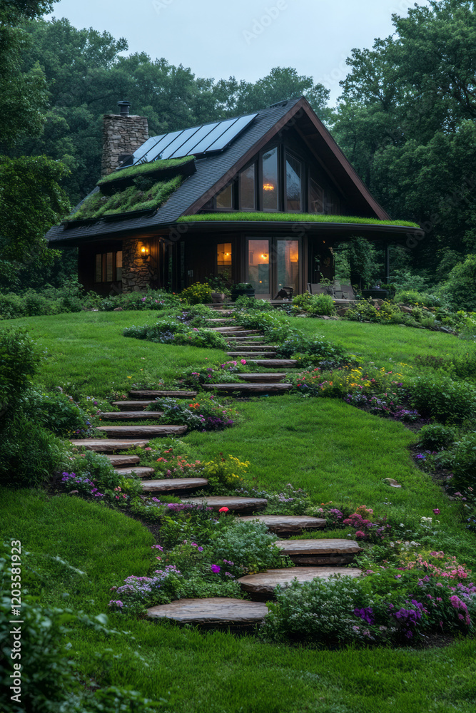 A cozy eco-friendly home with solar panels, green roofs, and sustainable living practices, showcasing a commitment to environmental stewardship,