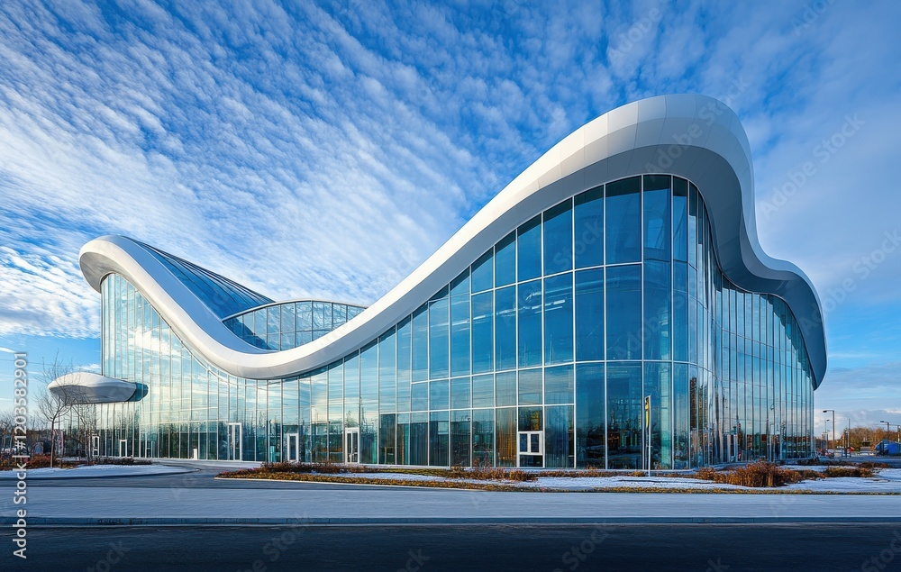 Fototapeta premium Modern architectural design of a sleek glass building with curved forms, reflecting blue sky and clouds in a contemporary urban landscape