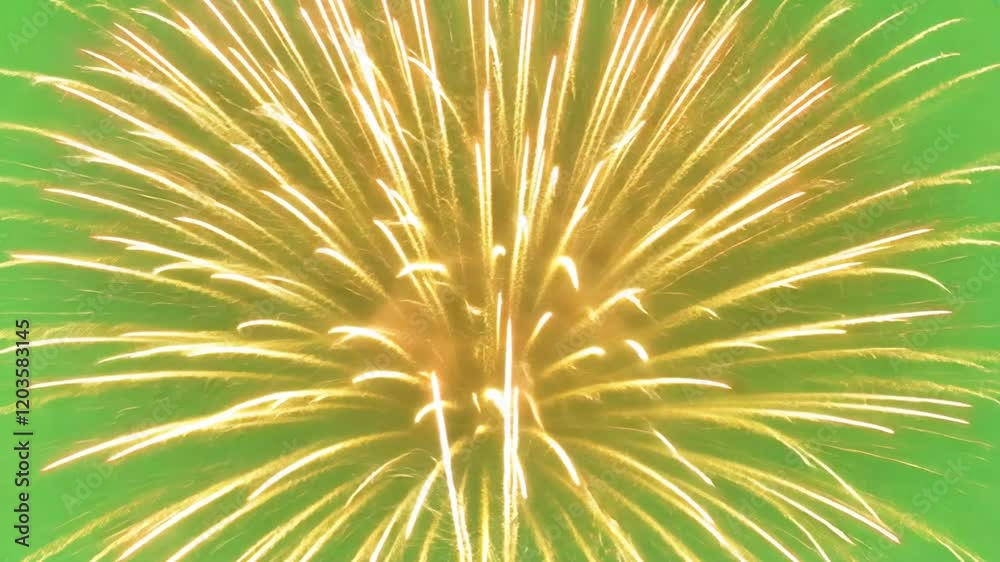 Golden Fireworks Burst: A vibrant burst of golden fireworks explodes against a bright green background, creating a dazzling display of light and color.