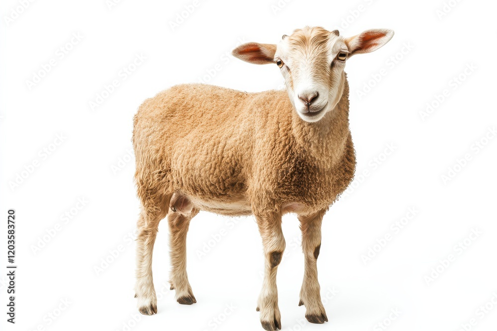 A young, light brown sheep stands against a white background. A young, light brown sheep stands against a white background.