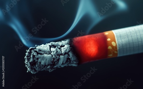 Burning cigarette with smoke on dark background	