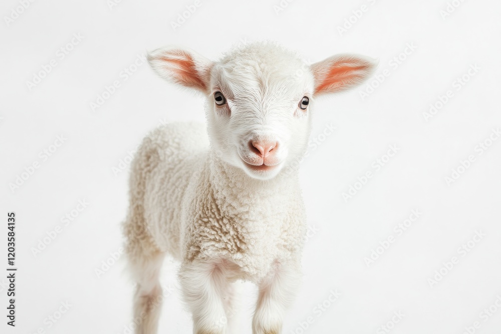 Naklejka premium Adorable fluffy lamb against white background.