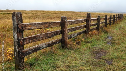 Rustic wooden fence stretching across a vast field under an overcast sky creating a sense of country tranquility