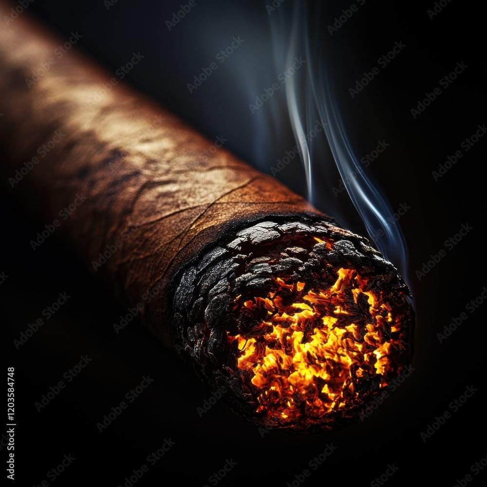 Closeup of burning cigar with glowing embers