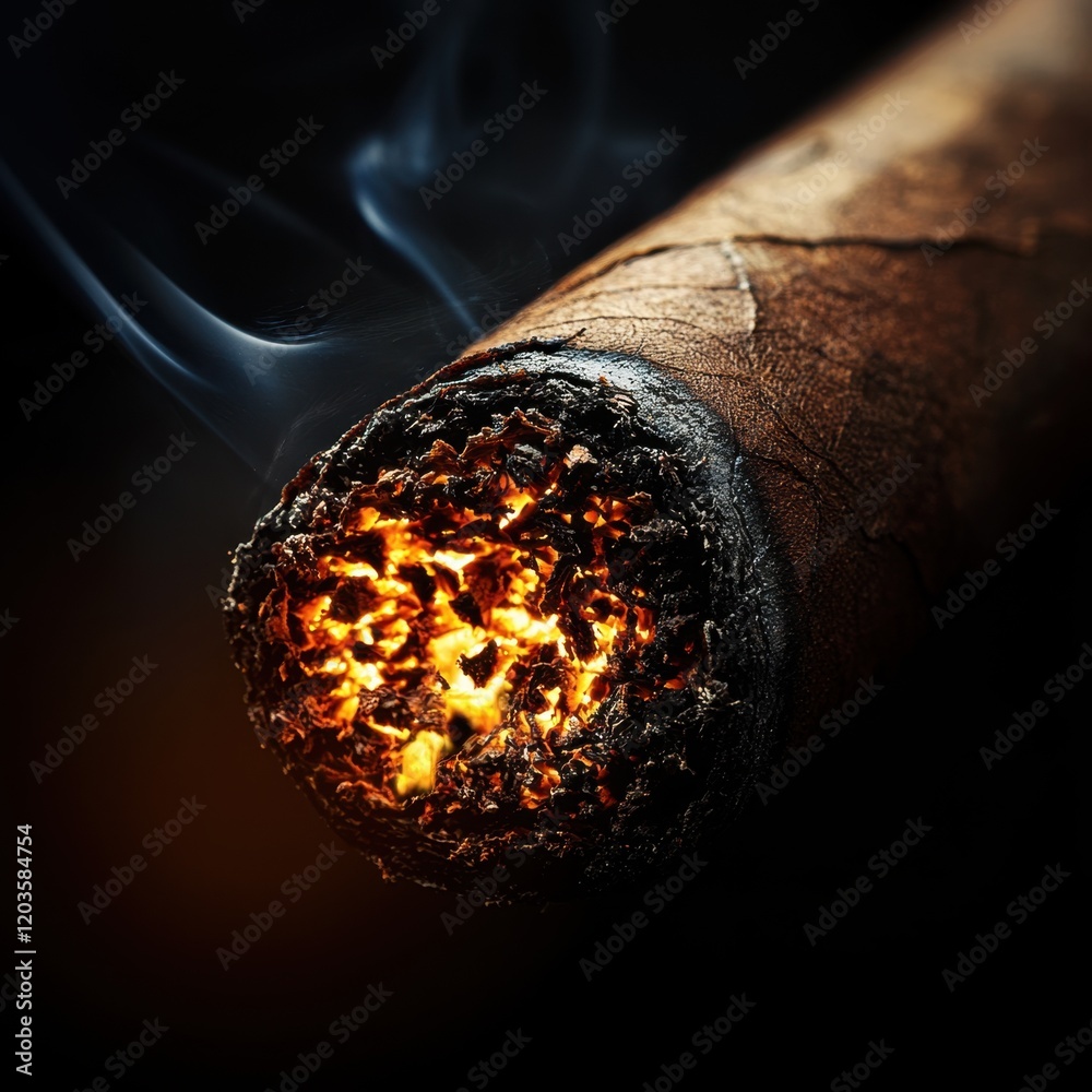 Closeup of burning cigar with glowing embers
