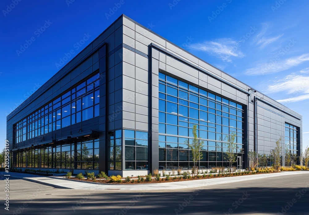 Modern Commercial Building with Large Glass Windows and Elegant Facade Surrounded by Lush Greenery Under a Clear Blue Sky Modern Commercial Building with Large Glass Windows and Elegant Facade Surrounded by Lush Greenery Under a Clear Blue Sky