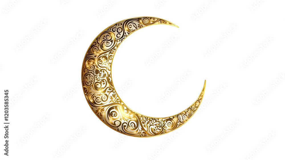Ramadan design of a crescent moon adorned with intricate details, holy festival, Islamic month, isolated on white, PNG file
Ramadan design of a crescent moon adorned with intricate details, holy festival, Islamic month, isolated on white, PNG file