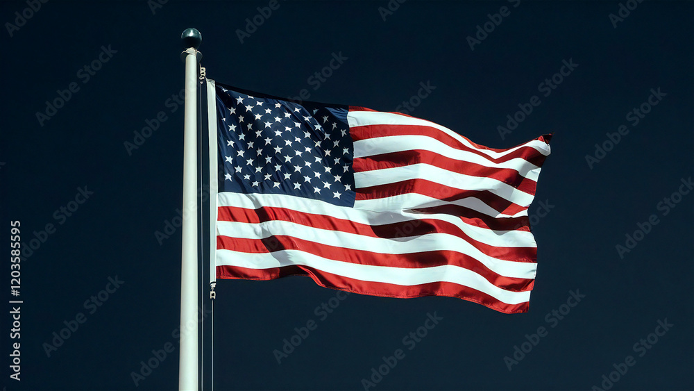 Obraz premium American Flag Waving Proudly: Stars and Stripes Symbol of Freedom, Patriotism, and National Pride Against a Deep Blue Sky Background