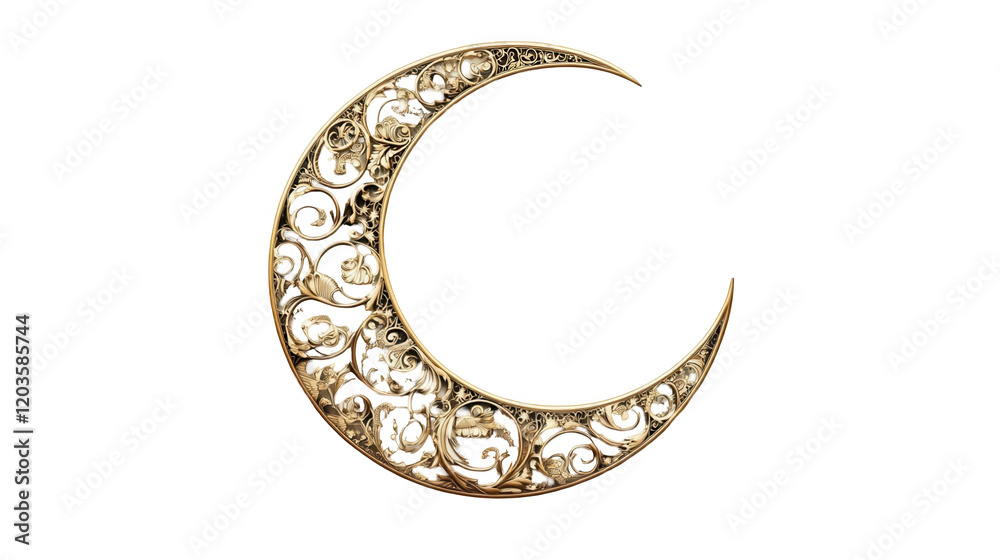 Ramadan design of a crescent moon adorned with intricate details, holy festival, Islamic month, isolated on white, PNG file
Ramadan design of a crescent moon adorned with intricate details, holy festival, Islamic month, isolated on white, PNG file