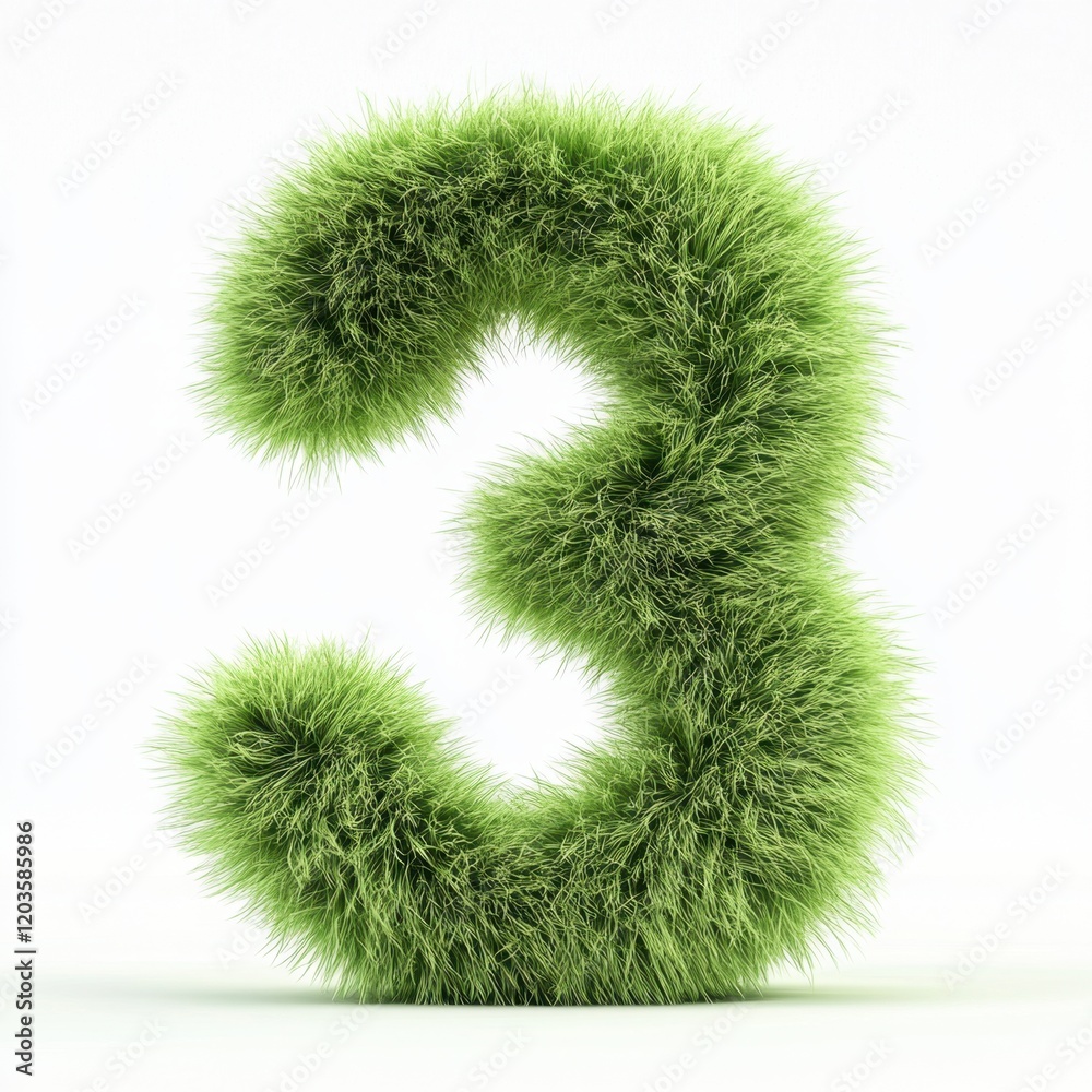 Green fluffy number three on white background Green fluffy number three on white background