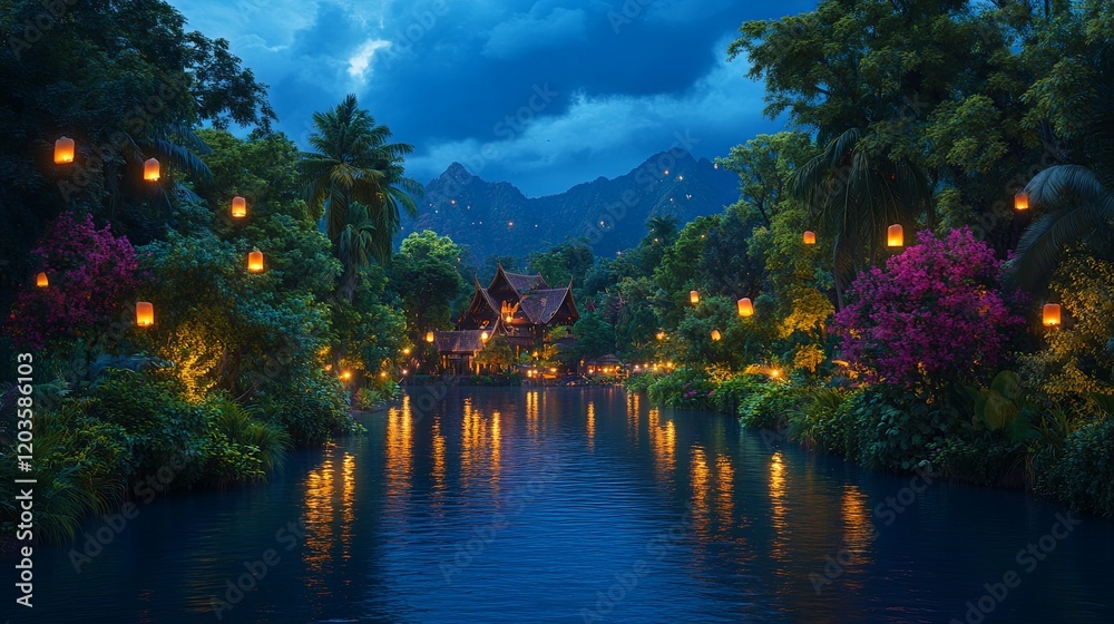 Fototapeta premium Serene Temple by the Riverside Under Glowing Lanterns