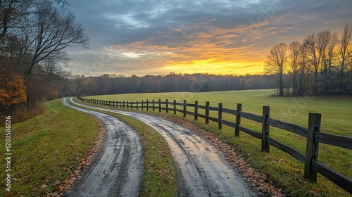 A peaceful country road winds through a field at sunrise, with a wooden fence alongside the wet path and a warm glow from the sky