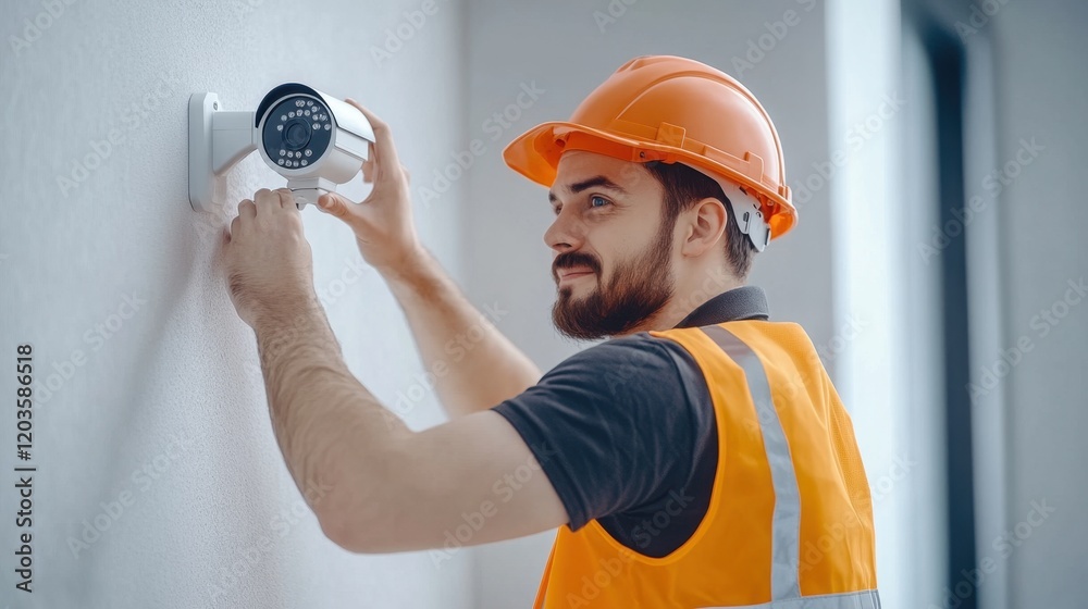 Worker installing security camera on wall