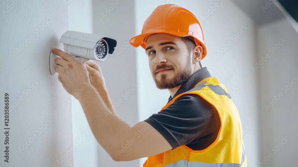 Worker installing security camera on wall