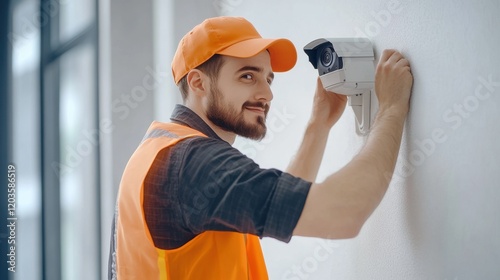Obraz na płótnie Worker installing security camera on wall w salonie