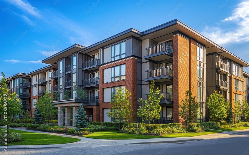 Fototapeta premium Modern residential apartment building with lush landscaping and clear blue sky, showcasing contemporary architecture in an urban setting