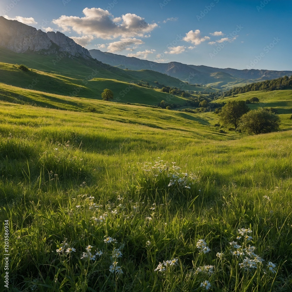 Fototapeta premium Create a realistic and vivid wallpaper featuring a lush green meadow. The scene should be filled with vibrant grass, wildflowers in various colors, and a clear blue sky above.