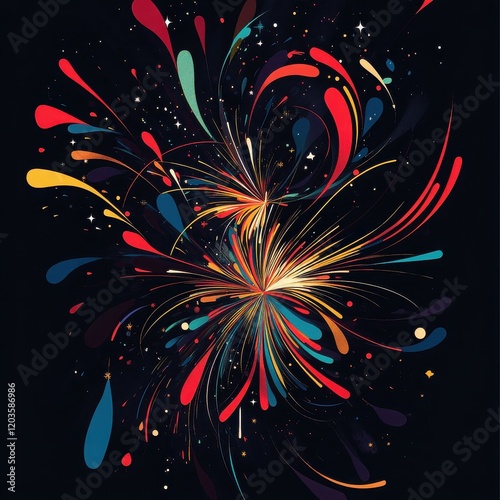 Cosmic Burst: A dazzling abstract artwork explodes with vibrant colors and dynamic lines against a dark background, evoking a sense of energy, movement, and cosmic wonder.