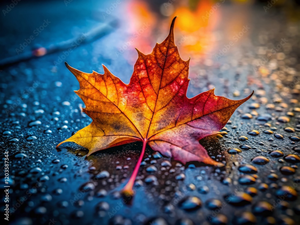 Closeup Autumn Maple Leaf on Wet Asphalt with Bokeh - Vibrant Fall Colors Stock Photo Closeup Autumn Maple Leaf on Wet Asphalt with Bokeh - Vibrant Fall Colors Stock Photo