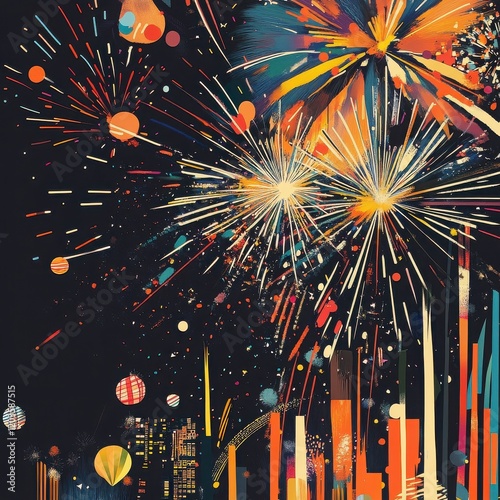 Night Sky Extravaganza: A vibrant fireworks display illuminates the night sky, creating a dazzling spectacle of colors and shapes above a city skyline.