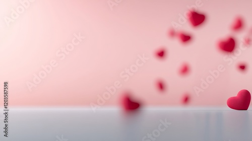Soft pink background showcases gently falling red hearts creating romantic ambiance. AI Generated