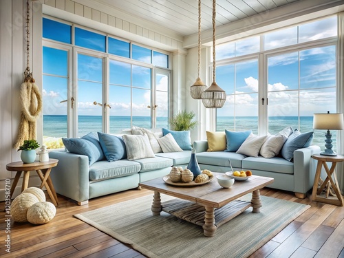 Coastal Lounge: Serene Ocean View, Light Blue & White Decor, Nautical Accents photo