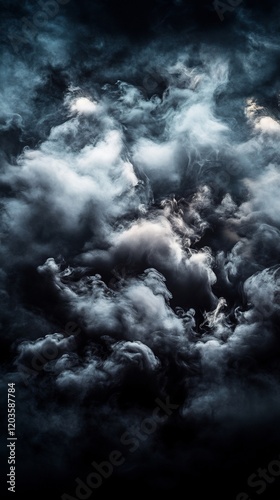 Dark Moody Cloudscape Dramatic Swirling Grey White Deep Shadows Intense Light. AI Generated