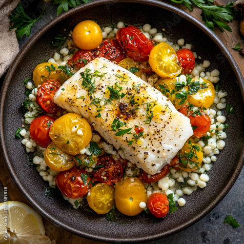 A savory dish featuring grilled cod atop a bed of pearl couscous, garnished with roasted cherry tomatoes, herbs, and lemon.
