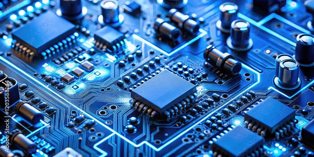 Intricate Blue Circuit Board with Relay Switches for Electronics and Engineering Visuals Intricate Blue Circuit Board with Relay Switches for Electronics and Engineering Visuals