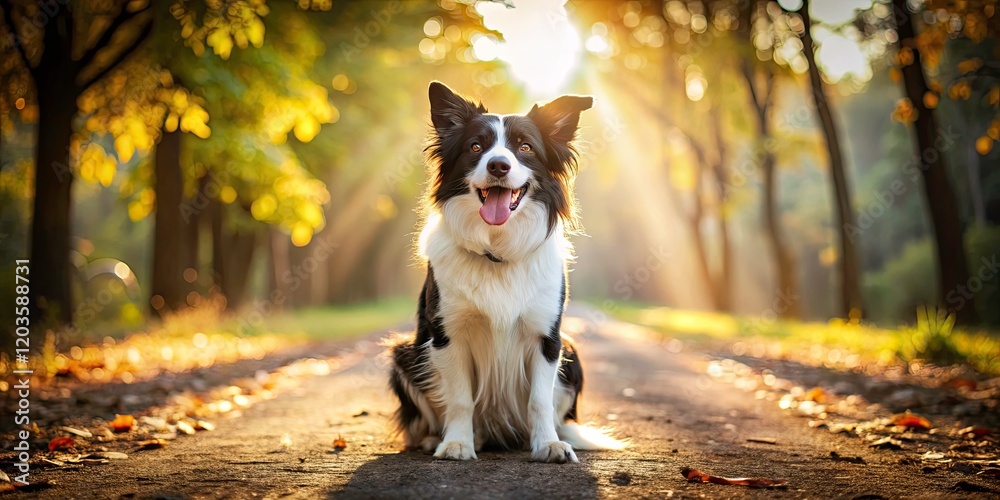 Joyful Silhouette of a Happy Border Collie in a Park Setting with Open Mouth and Tongue Out, Capturing the Essence of Organized Simplicity Joyful Silhouette of a Happy Border Collie in a Park Setting with Open Mouth and Tongue Out, Capturing the Essence of Organized Simplicity