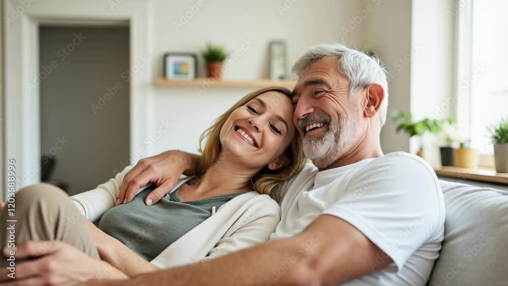 Joyful Intergenerational Bond: Happy Couple Enjoying Quality Time Together at Home, Radiating Love and Connection in a Cozy Living Space Joyful Intergenerational Bond: Happy Couple Enjoying Quality Time Together at Home, Radiating Love and Connection in a Cozy Living Space