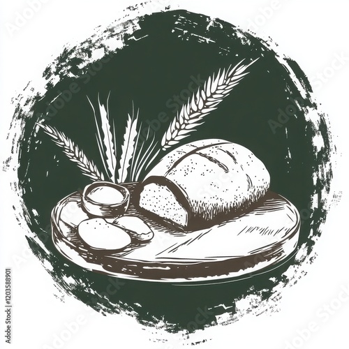 Rustic Bread and Potatoes Sketch: A hand-drawn illustration of a loaf of bread and potatoes on a rustic wooden board, accented with wheat stalks, encircled by a dark green grunge frame.